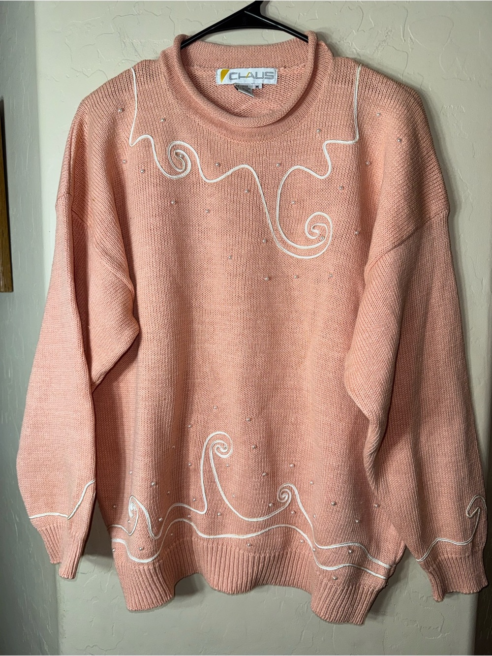 Chaus Vintage Ramie Cotton Pink Embroidered Pearl Beaded Knit Sweater Medium